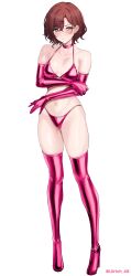 1girl absurdres bare_shoulders bikini blush boots breasts brown_hair closed_mouth commentary elbow_gloves full_body gloves hair_ornament hairclip highres higuchi_madoka idolmaster idolmaster_shiny_colors looking_at_viewer pink_bikini pink_boots pink_eyes pink_gloves short_hair simple_background small_breasts solo standing swimsuit symbol-only_commentary thigh_boots thighs ulrich_(tagaragakuin) white_background