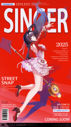 1girl absurdres arm_up astra_yao back_cutout black_hair black_shoes clothing_cutout cover dress english_text full_body hairband high_heels highres holding holding_microphone_stand leg_up long_hair magazine_cover microphone_stand purple_eyes red_shrug shoes smile solo thigh_beads tripples uneven_bangs white_dress white_hairband zenless_zone_zero