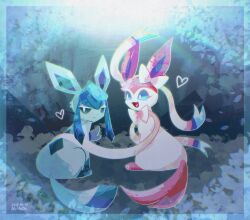 Rule 34 | animal focus, blue eyes, closed mouth, dated, fang, frown, gen 4 pokemon, gen 6 pokemon, glaceon, heart, highres, mr h202, nintendo, no humans, open mouth, pokemon, pokemon (creature), sitting, smile, sylveon