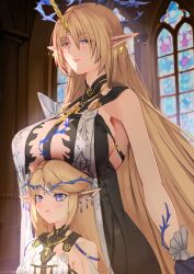 Rule 34 | 2girls, absurdres, aduo, bare shoulders, black collar, black dress, blonde hair, blue eyes, blush, breast rest, breasts, breasts on head, cartethyia (wuthering waves), closed mouth, collar, commentary, crown of thorns, dress, dual persona, earrings, fleurdelys (wuthering waves), highres, horns, huge breasts, indoors, jewelry, long hair, long horns, multiple girls, necklace, parted bangs, pointy ears, pout, sidelocks, single horn, tabard, tacet mark (wuthering waves), tall female, very long hair, white tabard, wuthering waves, yellow horns