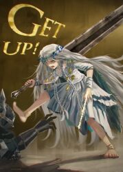 Rule 34 | absurdres, anklet, barefoot, blue cape, blue eyes, braid, cape, crisslioo, elden ring, elden ring nightreign, english text, flower wreath, gameplay mechanics, gauntlets, gold trim, head wreath, helmet, highres, holding, holding sword, holding weapon, jewelry, joints, long hair, low twin braids, lying, on stomach, over shoulder, revenant (elden ring), signature, simple background, sword, twin braids, veil, weapon, weapon over shoulder, white hair, white veil, winged helmet, wylder (elden ring)