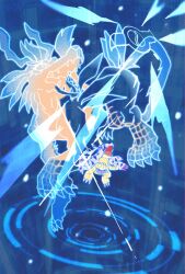 Rule 34 | blue fur, clenched hands, digimon, digimon (creature), digimon adventure, digimon adventure: (2020), evolutionary line, full body, gabumon, garurumon, henshin, highres, horns, lizard, megane mochi, no humans, single horn, wide shot, wolf