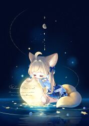 1girl absurdres ahoge animal_ear_fluff animal_ears blonde_hair blue_background blue_dress bow closed_mouth commentary_request dress flower hair_between_eyes hair_bow highres hoshiusagi_no_chloe long_hair moon original sitting socks solo star_(sky) star_(symbol) tail very_long_hair watermark white_flower white_socks