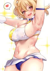 1girl armpits blonde_hair blue_archive blue_panties blush breasts cheerleader commentary_request cowboy_shot crop_top heart highres hisagi_(hisagi00) kotori_(blue_archive) kotori_(cheer_squad)_(blue_archive) large_breasts looking_at_viewer miniskirt navel open_mouth panties pink_eyes short_hair skirt smile solo spoken_heart sweat tank_top underwear white_skirt white_tank_top