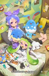 2girls animal animal_on_head artist_name azumarill bag_of_chips bedroom black_choker black_hairband black_shorts black_socks blue_sailor_collar book bow bow_hairband candy_wrapper cellphone chips_(food) choker closed_mouth colored_tongue commission crossover earrings food gen_2_pokemon gen_3_pokemon green_hair green_skirt green_tongue hair_bow hairband hand_on_own_cheek hand_on_own_face highres holding holding_pokemon indoors inkling inkling_girl inkling_player_character jewelry joy-con long_hair long_sleeves looking_at_viewer lying medium_hair mihuashi_logo multiple_girls nintendo nintendo_switch no_shoes octoling octoling_girl octoling_player_character on_bed on_head on_stomach open_book open_mouth pabuk5w parted_bangs phone pillow pleated_skirt pointy_ears pokemon pokemon_(creature) poster_(object) potato_chips purple_bow purple_eyes purple_hair purple_hairband purple_sailor_collar purple_skirt rabbit reading sailor_collar school_uniform serafuku shirt shorts shorts_under_skirt sitting skirt smartphone smile socks spheal splatoon_(series) tentacle_hair the_pose very_long_hair watermark white_shirt white_socks