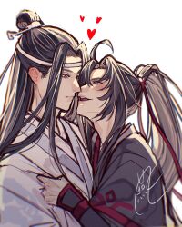2boys absurdres ahoge bishounen black_hair black_hanfu blush chinese_clothes closed_mouth clothes_grab ear_blush eye_contact eyelashes face-to-face from_side grey_eyes hair_ribbon hanfu headband heart high_ponytail highres imminent_kiss lan_wangji long_hair long_sleeves looking_at_another male_focus modao_zushi multiple_boys open_mouth parted_bangs parted_lips ponytail profile red_ribbon ribbon robe sidelocks signature simple_background sleeves_past_wrists smile teeth topknot tsubame-shi_(tubame) upper_body very_long_hair wei_wuxian white_background white_hanfu white_headband wide_sleeves xiao_guan_(headdress) yaoi yellow_eyes