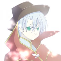 Rule 34 | 1boy, backlighting, black hat, blurry, bokeh, capelet, closed mouth, commentary request, dated commentary, depth of field, expressionless, fedora, green eyes, grey hair, hat, high wizard (ragnarok online), looking at viewer, male focus, ragnarok online, red capelet, sharari, shirt, short hair, simple background, solo, upper body, white background, white shirt