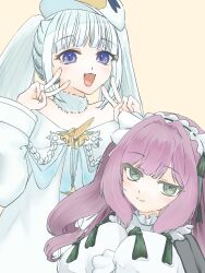 :d azur_lane blue_eyes closed_mouth dmitri_donskoi_(azur_lane) double_v dress dress_ribbon drill_hair fang frilled_dress frilled_hairband frills green_eyes green_ribbon hair_ribbon hairband hands_up hat highres looking_at_viewer open_mouth parka purple_hair ribbon shampoooohat sleeves_past_fingers sleeves_past_wrists smile upper_body v vittorio_cuniberti_(azur_lane) white_hair white_hat