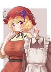 aki_minoriko apron arinu blonde_hair breasts hat highres large_breasts red_eyes short_hair touhou unworn_apron