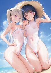 2girls absurdres ame_(mignon) bare_shoulders black_hair blue_sky blush breasts cloud cloudy_sky collarbone covered_navel day frills hand_up hat highleg highleg_one-piece_swimsuit highres ichigo_(mignon) kneeling long_hair looking_at_viewer mignon multiple_girls non-web_source ocean one-piece_swimsuit original outdoors parted_lips purple_eyes red_eyes short_hair sky small_breasts smile strapless strapless_one-piece_swimsuit straw_hat swimsuit teeth thighs tongue tongue_out twintails v water wet wet_clothes wet_swimsuit white_hair white_one-piece_swimsuit