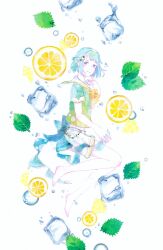 barefoot bubble ensemble_stars! food from_side fruit full_body green_shirt highres ice ice_cube lemon lemon_slice looking_at_viewer masking_tape_(medium) mint mixed_media neckerchief oikoko_koko pointing pointing_at_self sailor_collar shino_hajime_(carbonated_goldfish) shirt short_hair short_sleeves shorts swept_bangs traditional_media unconventional_media white_background white_sailor_collar white_shorts yellow_neckerchief