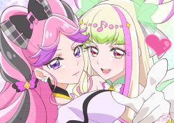2girls bare_shoulders black_hair blonde_hair blunt_bangs blush braid choker cure_kiss cure_zukyuun curly_sidelocks earrings elbow_gloves finger_gun fortissimo gloves gradient_background gradient_hair green_hair hair_extensions hair_ornament hair_ribbon hair_tie hair_wings heart heart-shaped_pupils highres jewelry kimi_to_idol_precure long_hair looking_at_viewer meroron_(human_form) multicolored_hair multiple_earrings multiple_girls musical_note musical_note_hair_ornament parted_bangs pearl_earrings pink_hair pink_lips precure puffy_short_sleeves puffy_sleeves purirun_(human_form) purple_eyes red_eyes ribbon ribbon_choker short_sleeves signature symbol-shaped_pupils turning_head twin_braids twintails twitter_username upper_body watermark white_gloves wing_hair_ornament yuki9hi zooming_in