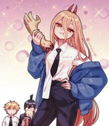 1girl 2boys artist_name black_hair black_necktie black_pasties blonde_hair blue_jacket breasts chainsaw_man collared_shirt cowboy_shot cross-shaped_pupils cup demon_girl demon_horns denji_(chainsaw_man) disposable_cup drinking drinking_straw food_in_mouth hair_between_eyes hayakawa_aki high_ponytail highres holding_hands horns jacket jacket_partially_removed lianbiglian long_hair medium_breasts multiple_boys necktie orange_eyes orange_hair ponytail power_(chainsaw_man) red_horns shirt shirt_partially_tucked_in short_hair short_ponytail sparkle spit_take spitting symbol-shaped_pupils white_shirt