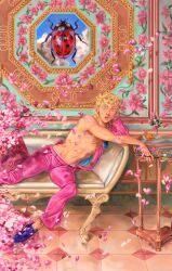 Rule 34 | 1boy, absurdres, arrow (jojo), blonde hair, braid, bug, commentary, couch, flower, food, fruit, giorno giovanna, green eyes, highres, indoors, insect, jacket, jojo no kimyou na bouken, ladybug, long hair, looking at viewer, lying, male focus, orange (fruit), pants, pectorals, petals, pink flower, pink jacket, pink nails, pink pants, plant, purple shoes, shikinamisooryu, shoes, table, topless male, vento aureo, zipper, zipper pull tab