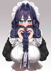 1girl apron black_dress black_hair blue_eyes braid breasts dress festa11307070 grabbing_own_hair gradient_background grey_background hair_intakes hair_ribbon hat highres hololive hololive_english huge_breasts looking_at_viewer low_twin_braids maid_apron mob_cap official_alternate_hairstyle ouro_kronii ouro_kronii_(maid) ribbon solo twin_braids virtual_youtuber white_apron white_ribbon