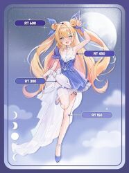 1girl bare_shoulders blonde_hair blue_dress blue_eyes blush breasts cloud constellation crescent crescent_moon double_bun dress earth_(planet) full_moon galaxy hair_bun long_hair looking_at_viewer min02 moon moonlight night night_sky open_mouth planet shooting_star sky smile solo space star_(sky) starry_sky starry_sky_print sun twintails very_long_hair