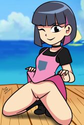 1girl black_eyes blue_hair bottomless cleft_of_venus cola_(scissor_seven) female_focus full_body highres loli outdoors pink_hair pussy robert_rose_(philelmago) scissor_seven short_hair solo spread_legs