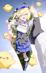 1girl absurdres beret black_gloves black_pantyhose blonde_hair blue_headwear blue_skirt blush breasts cleavage collar cropped_jacket crystal detached_collar dokibird_(vtuber) dokibird_(vtuber)_(retro_doki) dragoon_(dokibird) fang fingerless_gloves glass_shard gloves green_eyes grey_jacket gurumie hat highres holding holding_crystal holding_glass_shard indie_virtual_youtuber jacket layered_skirt long_hair looking_at_viewer medium_breasts open_mouth pantyhose shirt skirt smile teeth twintails upper_teeth_only virtual_youtuber white_collar white_shirt