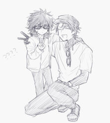 Rule 34 | 2boys, ?, ??, closed eyes, closed mouth, commentary request, earrings, gloves, greyscale, hand on another&#039;s shoulder, hat, isoi reiji, jacket, jewelry, layered sleeves, long sleeves, male focus, monochrome, multiple boys, on one knee, open clothes, open jacket, open mouth, pants, poka (user kypt4454), saibou shinkyoku, short hair, short over long sleeves, short sleeves, simple background, sketch, smile, sunglasses, theodore riddle, turtleneck, unworn eyewear, v, white background