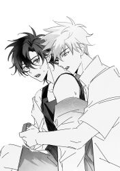 2boys bare_shoulders bite_mark biting cheng_xiaoshi clothes_grab collared_shirt fang greyscale hair_between_eyes highres hug hug_from_behind looking_at_another looking_at_viewer lu_guang male_focus monochrome multiple_boys off_shoulder open_clothes open_mouth shannontay67979 shiguang_dailiren shirt shirt_partially_removed short_hair short_sleeves shorts simple_background sitting sweat tank_top teeth white_background yaoi