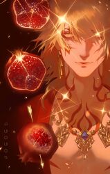 1boy absurdres artist_name closed_mouth earrings facial_tattoo food fruit highres honkai:_star_rail honkai_(series) jewelry looking_at_viewer male_focus medium_hair mydei_(honkai:_star_rail) orange_eyes orange_hair pogogu pomegranate red_tattoo smile solo tattoo upper_body