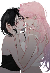 2girls alien_stage bare_shoulders black_hair black_tank_top commentary_request earrings face-to-face feimeixiangguji highres jewelry long_hair midriff mizi_(alien_stage) multiple_girls pink_hair purple_eyes short_hair simple_background strap_slip sua_(alien_stage) tank_top very_long_hair white_background white_tank_top yellow_eyes yuri