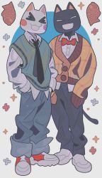 absurdres animal_ears black_cat black_pants blue_pants brown_sweater cat cat_ears cat_tail closed_eyes doko_demo_issho furry game_console green_sweater highres inoue_toro kuro_(doko_demo_issho) namaqun open_mouth pants shoes simple_background sony sweater tail white_cat