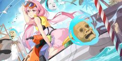 1girl alternate_costume bird blue_sky cloud day game_cg goggles goggles_on_head green_footwear hata_no_kokoro highres jet_ski koyoi_mitsuki life_vest long_hair looking_at_viewer mask noh_mask official_art okina_mask on_jet_ski open_mouth outdoors palm_tree pink_eyes pink_hair pink_shorts seagull shorts sky solo third-party_source touhou touhou_lostword tree very_long_hair water watercraft