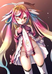 1girl absurdres blonde_hair blue_hair breasts brown_eyes character_request commentary_request copyright_request dress fang gluteal_fold gradient_hair groin halo highres long_hair multicolored_hair navel no_panties open_mouth pink_hair ray_peng skin_fang small_breasts solo twintails very_long_hair virtual_youtuber