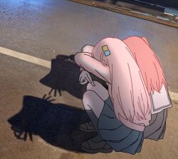 Rule 34 | 2girls, black skirt, black socks, bocchi the rock!, brown shoes, from behind, gotoh hitori, grey skirt, hair ornament, highres, jacket, kita ikuyo, long hair, long sleeves, multiple girls, pink hair, pink jacket, pleated skirt, red hair, road, sailor collar, shadow, shoes, skirt, socks, squatting, white sailor collar, yunayuispink