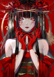 1girl arms_up black_hair blue_hair blunt_bangs body_writing closed_mouth commentary_request detached_sleeves dress eyeliner flower gloves halo highres japanese_clothes long_hair long_sleeves makeup multicolored_hair original purple_hair red_background red_dress red_eyeliner red_eyes red_gloves red_hair red_lips red_ribbon ribbon sidelocks solo spider_lily streaked_hair syakemayusan twintails waist_ribbon wide_sleeves
