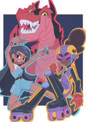 1boy 2girls absurdres animification belt black_hair boots casey_calderon devil_dinosaur dinosaur dress earrings english_text full_body goggles helmet highres hoop_earrings jewelry lunella_lafayette moon_girl_and_devil_dinosaur multiple_girls multiple_persona nanase_(trfok1) phone roller_skates skates sleeveless sleeveless_dress solo tan v