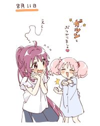 Rule 34 | 2girls, :d, ^^^, ahoge, blue dress, blue skirt, blush stickers, clenched hands, closed eyes, cropped legs, dress, flying sweatdrops, hair bobbles, hair ornament, hashtag-only commentary, highres, long hair, multiple girls, namori, open mouth, outstretched arm, pink hair, pleated skirt, ponytail, purple eyes, purple hair, shirt, short hair, short sleeves, simple background, skirt, smile, sugiura ayano, translation request, twintails, wavy mouth, white background, white shirt, yoshikawa chinatsu, yuruyuri