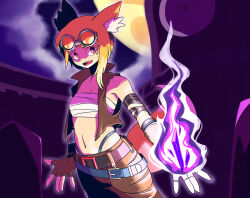 1girl animal_ear_fluff animal_ears asymmetrical_hair belt black_belt blonde_hair breasts brown_gloves brown_pants brown_vest chest_sarashi cleavage cloud commentary_request cookie_(touhou) cowboy_shot fingerless_gloves fire fox_ears fox_girl fox_tail full_moon gloves goggles goggles_on_head highleg highleg_panties highres looking_at_viewer magic:_the_gathering medium_breasts medium_hair miramikaru_riran moon navel night open_clothes open_mouth open_vest outdoors panties pants purple_fire purple_sky red_eyes sarashi single_sidelock sky solo tail ukiwagirl underwear vest young_pyromancer