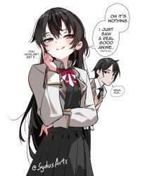 1boy 1girl artist_name black_necktie bow bowtie brother_and_sister brown_eyes brown_hair can&#039;t_be_this_cute commentary cowboy_shot english_text half-closed_eyes highres jacket kuze_masachika long_hair long_sleeves looking_at_viewer necktie ore_no_imouto_ga_konna_ni_kawaii_wake_ga_nai parody red_bow red_bowtie school_uniform short_hair siblings simple_background smile smug speech_bubble suou_yuki sydus symbol-only_commentary title_parody tokidoki_bosotto_roshia-go_de_dereru_tonari_no_alya-san twitter_username very_long_hair white_background white_jacket