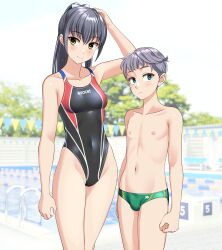 1boy 1girl absurdres age_difference androgynous black_hair black_one-piece_swimsuit blue_eyes breasts brown_eyes bulge commentary_request competition_swimsuit covered_navel erection erection_under_clothes green_male_swimwear grey_hair height_difference highleg highleg_one-piece_swimsuit highres long_hair male_swimwear medium_breasts multicolored_swimsuit one-piece_swimsuit onee-shota original outdoors ponytail pool string_of_flags swim_briefs swimsuit takafumi variant_set