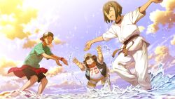 Rule 34 | 1girl, 2boys, arms up, black hair, black shorts, bob cut, casual, closed eyes, clothes around waist, cloud, daitoku junna, dark-skinned female, dark skin, day, dougi, dutch angle, fukuda tomonori, game cg, glasses, green shirt, hashida itaru, hat, highres, jacket, jacket around waist, karate gi, multiple boys, non-web source, ocean, official art, opaque glasses, open mouth, outdoors, partially unbuttoned, plaid clothes, plaid jacket, playing, red hair, red jacket, robotics;notes, robotics;notes dash, science adventure, shirt, short hair, shorts, sparkle, splashing, standing, standing on one leg, sunset, t-shirt, teeth, tongue, upper teeth only, vest, water, yashio kaito