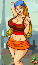 1girl 7th-heaven arm_up bandana blonde_hair blue_eyes breasts cleavage earrings eiffel_tower female_focus highres jewelry large_breasts lindsay_(total_drama) long_hair looking_at_viewer midriff open_mouth skirt solo total_drama