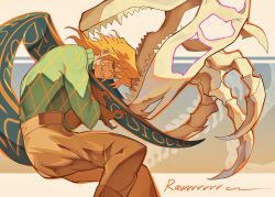 1boy argyle_clothes argyle_sweater blonde_hair blue_eyes boots brown_boots brown_gloves brown_pants clawed_gauntlets claws commentary cracked_skin diego_brando dinosaur_skeleton dinosaur_tail english_commentary feet_out_of_frame film_grain gloves green_sweater highres jodhpurs jojo_no_kimyou_na_bouken long_sleeves lying male_focus medium_hair on_side pants primsheep scary_monsters_(stand) sharp_teeth solo stand_(jojo) steel_ball_run sweater tail teeth turtleneck turtleneck_sweater