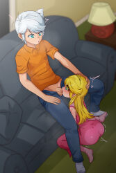 1boy 1girl absurdres ass bare_shoulders blonde_hair blue_pants blurry blurry_background blush brother_and_sister censored kodomo_doushi denim dress el_chasconsito elbow_gloves eyebrows eyelashes fellatio from_above from_behind from_side full_body gloves green_eyes hand_on_another&#039;s_head hetero highres huge_filesize incest indoors lincoln_loud lola_loud loli long_hair looking_at_another looking_at_penis looking_down mosaic_censoring oral orange_shirt pants penis pink_dress pink_gloves pink_thighhighs profile shirt short_sleeves shota siblings sitting sleeveless sleeveless_dress t-shirt the_loud_house thighhighs tiara wariza