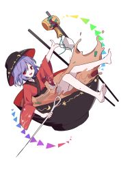 1girl :d absurdres bare_legs barefoot bing_zizi bowl bowl_hat chopsticks food hat highres holding in_bowl in_container japanese_clothes kimono looking_at_viewer mini_person minigirl miracle_mallet needle open_mouth outstretched_arm purple_hair red_eyes red_kimono short_hair simple_background smile soup sukuna_shinmyoumaru touhou white_background