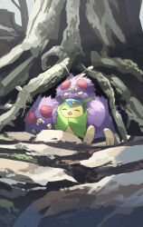 Rule 34 | animal focus, bug, closed eyes, commentary request, compound eyes, gen 1 pokemon, gen 5 pokemon, highres, nintendo, no humans, open mouth, outdoors, plant roots, pokemon, pokemon (creature), red eyes, sleeping, swadloon, tree, venonat, yamaori (hakkentai pokedan)