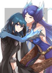 Rule 34 | 2girls, armlet, blue eyes, blue hair, blush, breasts, brighid (xenoblade), brown pantyhose, bustier, female byleth (fire emblem), cape, cleavage, closed eyes, collarbone, ega-chan, elbow gloves, fire, fire emblem, fire emblem: three houses, gloves, hair between eyes, hair ornament, highres, hug, itou shizuka, jewelry, large breasts, long hair, looking at viewer, multiple girls, nintendo, pantyhose, pantyhose under shorts, print pantyhose, purple hair, shorts, simple background, smile, voice actor connection, xenoblade chronicles (series), xenoblade chronicles 2