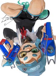 1girl aqua_shoes beanie black_shorts blue_hair blue_hat commentary_request dolphin_shorts dual_wielding glooga_dualies_(splatoon) green_eyes gun hat heterochromia highres holding holding_gun holding_weapon inkling inkling_girl inkling_player_character medium_hair mepo_1 nintendo open_mouth print_hat shoes short_eyebrows shorts smile solo splatoon_(series) splatoon_3 tentacle_hair thick_eyebrows upside-down weapon white_background yellow_eyes