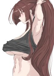 Rule 34 | 1girl, absurdres, armpits, breasts, brown eyes, brown hair, closed mouth, grey tank top, highres, kantai collection, ken (shutenndouji1), large breasts, long hair, looking to the side, muscular, muscular female, ponytail, smile, solo, tank top, underboob, upper body, very long hair, yamato (kancolle)