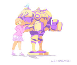 1girl alternate_color bad_id bad_pixiv_id bird commentary copyright_name hidaka_koharu high_score_girl hood hoodie light_brown_hair paw_shoes huitzil_(darkstalkers) pink_hoodie pleated_skirt robot shoes short_hair skirt socks standing takke_(sotender) darkstalkers white_background