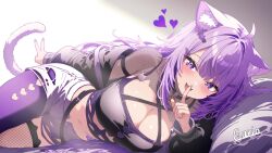 1girl :d absurdres animal_ear_fluff animal_ear_legwear animal_ears asymmetrical_legwear bandaid_on_hip belt black_belt breasts camisole cat_ear_legwear cat_ears cat_girl cat_tail choker cleavage clothing_cutout commentary_request criss-cross_halter crop_top curio_(curiofinity) finger_to_mouth fishnet_thighhighs fishnets halterneck heart_cutout highres hololive large_breasts long_hair looking_at_viewer lying midriff mismatched_legwear navel nekomata_okayu nekomata_okayu_(personya_respect) o-ring o-ring_choker o-ring_collar off_shoulder official_alternate_costume official_alternate_hair_length official_alternate_hairstyle on_side open_fly open_mouth purple_camisole purple_eyes purple_hair see-through_shrug shorts shushing single_leg_pantyhose smile solo tail thighhighs torn_camisole torn_clothes torn_shorts uneven_legwear virtual_youtuber white_shorts