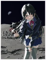 Rule 34 | 1girl, 2boys, ?, absurdres, astronaut, black hair, black jacket, black sky, blazer, border, bow, bowtie, braid, cardigan, cardigan vest, commentary, earth (planet), flag, hair ornament, hairpin, half up braid, highres, jacket, lunar lander, multiple boys, multiple hairpins, nijisanji, on moon, pink bow, pink bowtie, plaid clothes, plaid lapels, plaid skirt, planet, rippoutai fuusen, skirt, sky, thighhighs, tsukino mito, tsukino mito (1st costume), v, virtual youtuber, weibo username, white border, white thighhighs, zettai ryouiki