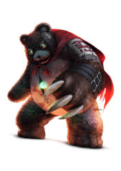 3d cape cassio_yoshiyaki claws colored_sclera digimon digimon_(creature) full_body glowing glowing_eyes green_eyes highres image_sample monster red_sclera signature solo stuffed_animal stuffed_toy teddy_bear warumonzaemon white_background