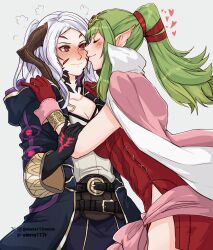 Rule 34 | 2girls, absurdres, black robe, blush, breasts, brown horns, cape, cleavage, closed eyes, closed mouth, commentary, dragon horns, dress, embarrassed, english commentary, facial mark, female robin (fire emblem), female robin (grima) (fire emblem), female robin (grima) (tyrant of despair) (fire emblem), fire emblem, fire emblem awakening, fire emblem heroes, gloves, green hair, grey background, heart, high collar, highres, hood, hood down, hooded robe, horns, imminent kiss, kiss, kissing cheek, long hair, medium breasts, multiple girls, nintendo, official alternate costume, open clothes, open robe, pink cape, pointy ears, ponytail, profile, red dress, red eyes, red gloves, robe, sierra117renner, simple background, sleeveless, sleeveless dress, thighs, tiki (adult) (fire emblem), tiki (fire emblem), twintails, white hair, yuri